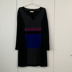 Calvin Klein Black Long Sleeve Colorblock Dress with Purple & Blue Panels
